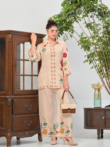 Cream Italian Linen Floral Co-ord Set