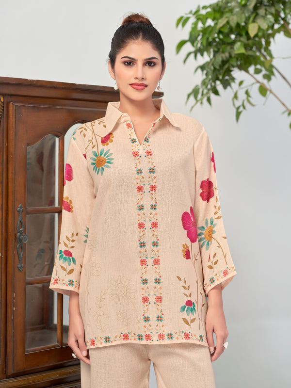 Cream Italian Linen Floral Co-ord Set