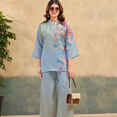 Sky Blue Italian Linen Floral Co-ord Set