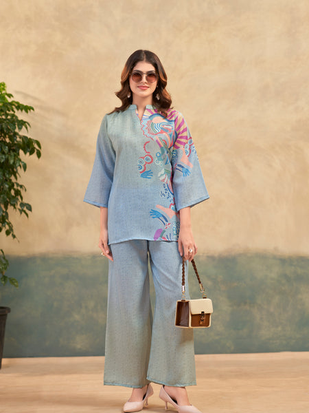 Sky Blue Italian Linen Floral Co-ord Set