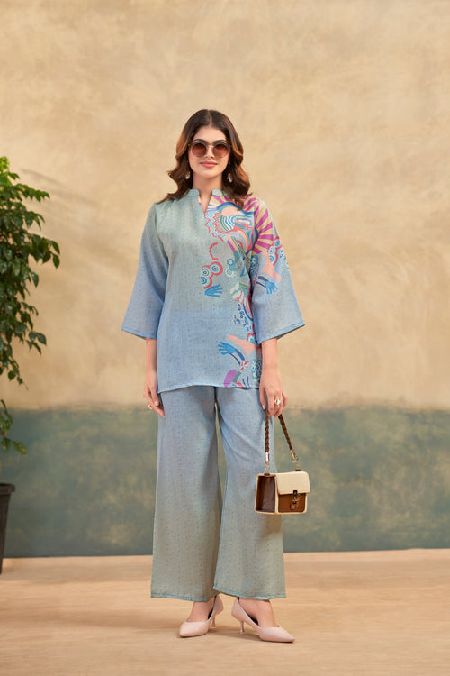 Sky Blue Italian Linen Floral Co-ord Set