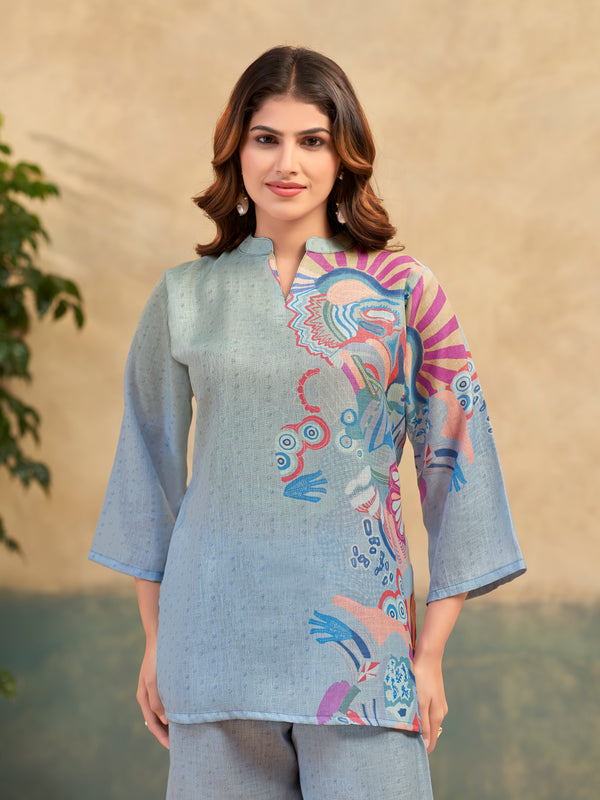 Sky Blue Italian Linen Floral Co-ord Set