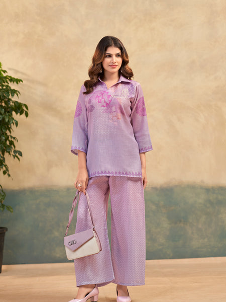 Purple Italian Linen Floral Print Co-ord Set
