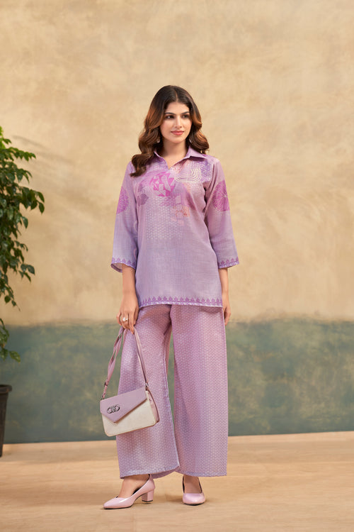Purple Italian Linen Floral Print Co-ord Set