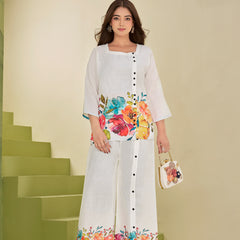 White Italian Linen Floral Print Co-ord Set