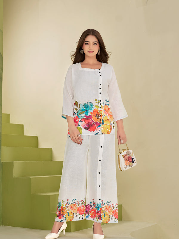 White Italian Linen Floral Print Co-ord Set