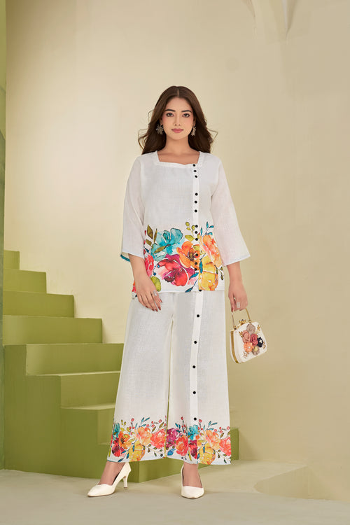 White Italian Linen Floral Print Co-ord Set