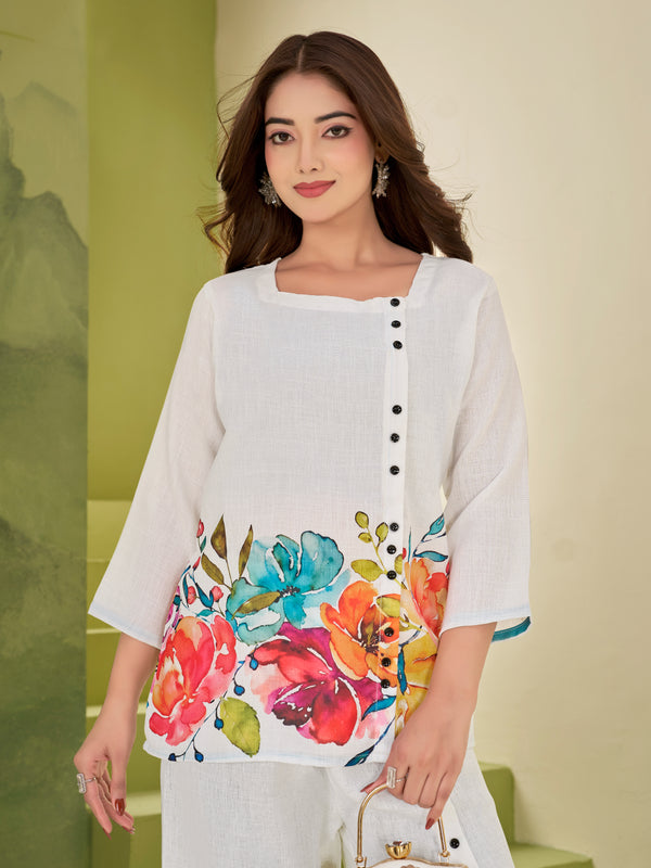 White Italian Linen Floral Print Co-ord Set