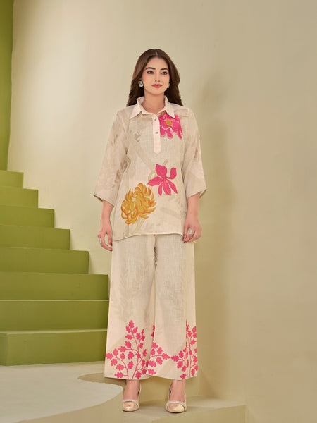 Cream Italian Linen Floral Print Co-ord Set
