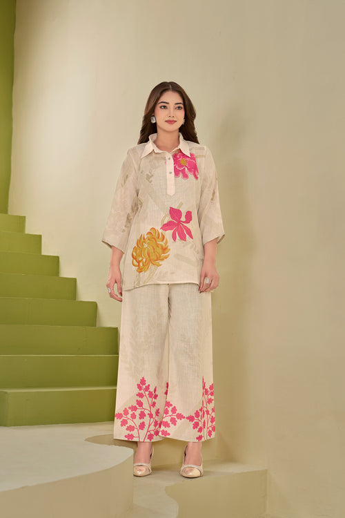 Cream Italian Linen Floral Print Co-ord Set