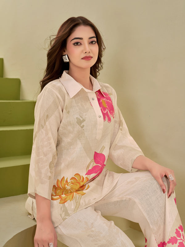 Cream Italian Linen Floral Print Co-ord Set