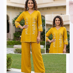 Yellow Cotton Embroidered Kurti Palazzo Set for Women