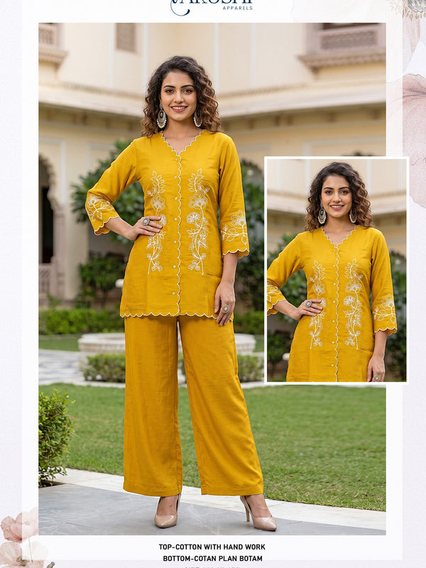Yellow Cotton Embroidered Kurti Palazzo Set for Women