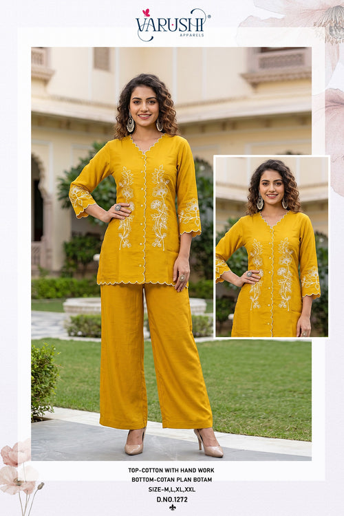 Yellow Cotton Embroidered Kurti Palazzo Set for Women