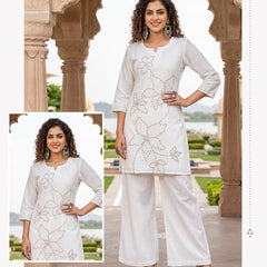 White Cotton Embroidered Kurti Palazzo Set for Women