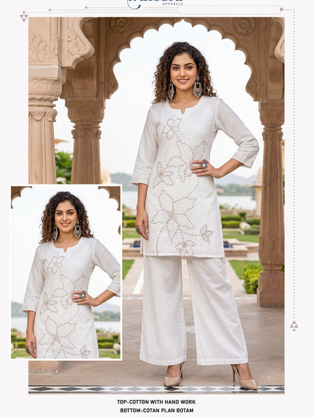 White Cotton Embroidered Kurti Palazzo Set for Women
