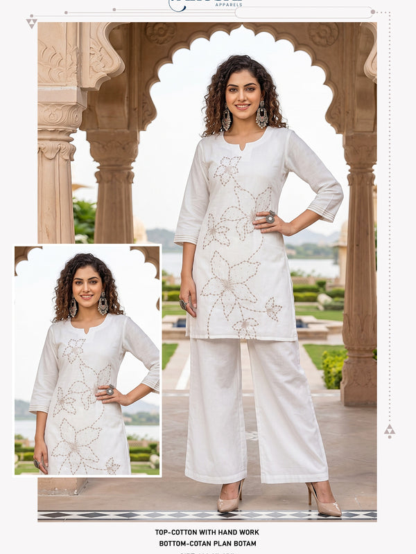 White Cotton Embroidered Kurti Palazzo Set for Women
