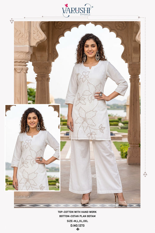 White Cotton Embroidered Kurti Palazzo Set for Women