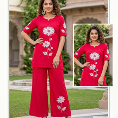 Red Cotton Embroidered Kurti Palazzo Set for Women