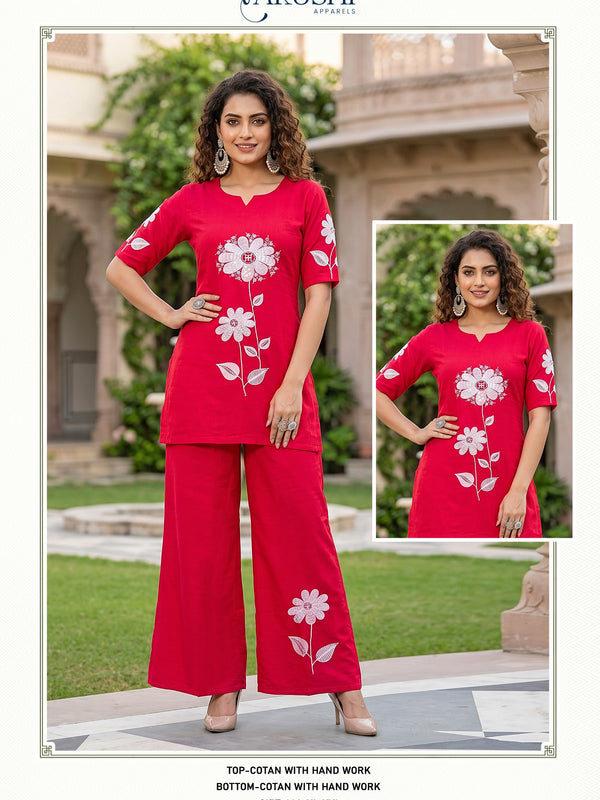 Red Cotton Embroidered Kurti Palazzo Set for Women