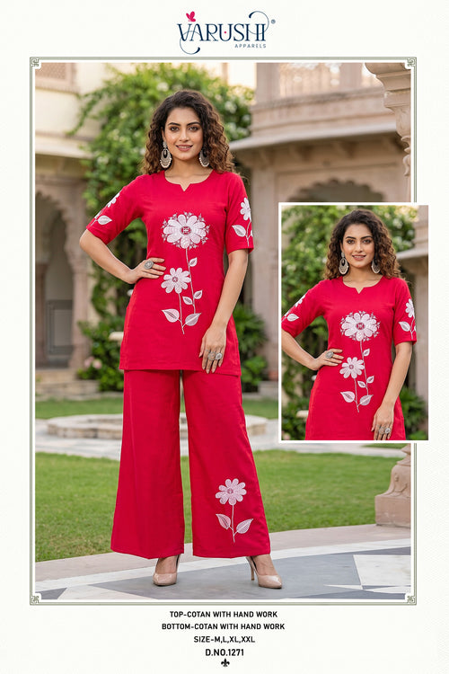 Red Cotton Embroidered Kurti Palazzo Set for Women