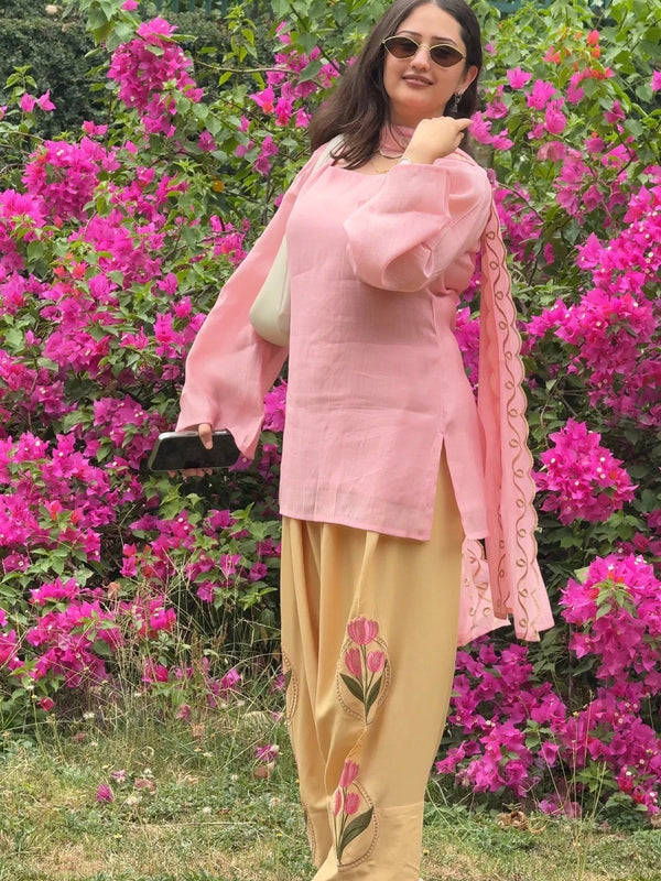 Peach Lotus Embroidered Farsi Salwar Set With Dupatta