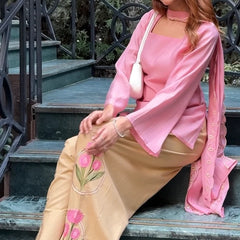 Peach Lotus Embroidered Farsi Salwar Set With Dupatta