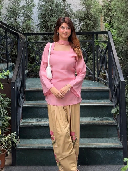 Peach Lotus Embroidered Farsi Salwar Set With Dupatta