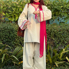 Women's Cream Cora Cotton Solid Farshi Salwar Suit With Dupatta