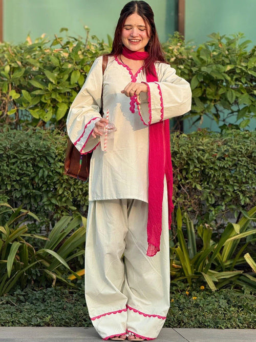 Women's Cream Cora Cotton Solid Farshi Salwar Suit With Dupatta