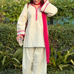 Women's Cream Cora Cotton Solid Farshi Salwar Suit With Dupatta