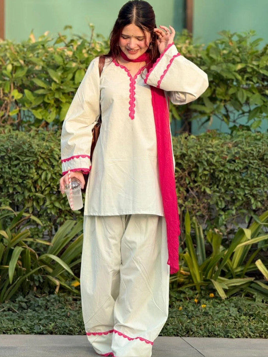 Women's Cream Cora Cotton Solid Farshi Salwar Suit With Dupatta