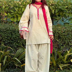 Women's Cream Cora Cotton Solid Farshi Salwar Suit With Dupatta