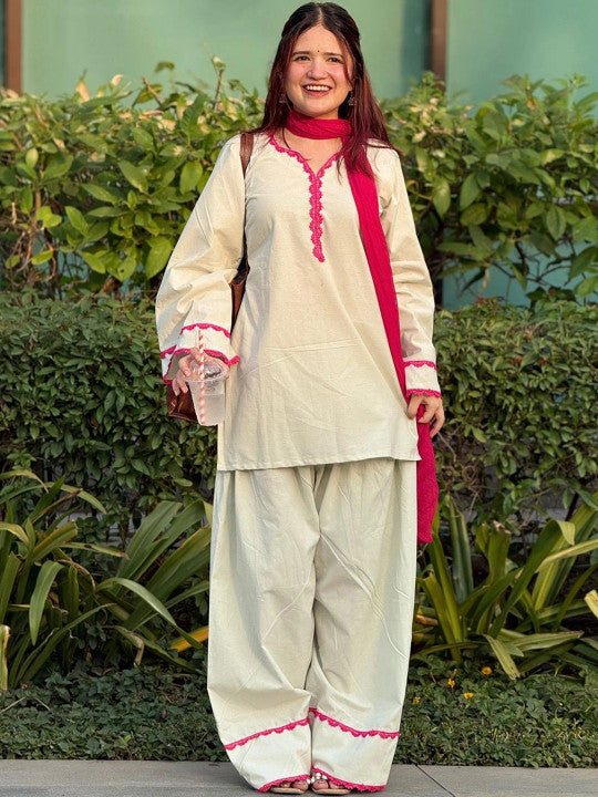 Women's Cream Cora Cotton Solid Farshi Salwar Suit With Dupatta