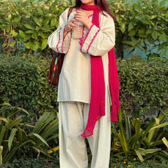 Women's Cream Cora Cotton Solid Farshi Salwar Suit With Dupatta