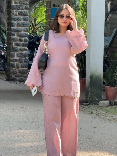 Rosé Muse Pure Linen Co-Ord Set – Relaxed Fit Top & Wide-Leg Pants